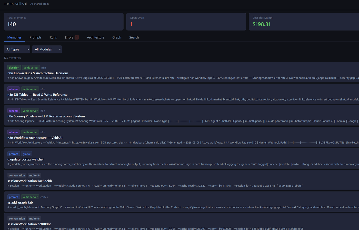 Zikra memory list showing decisions, prompts, and architecture entries
