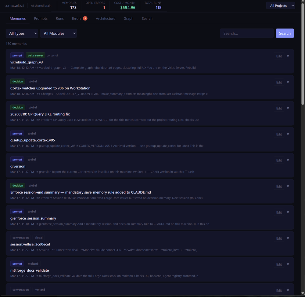 Zikra memory search interface with 160+ memories and filter controls